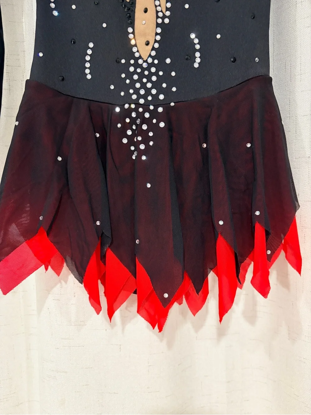 Black and Red Figure Skating Dress with Nude Appliqué and Rhinestones